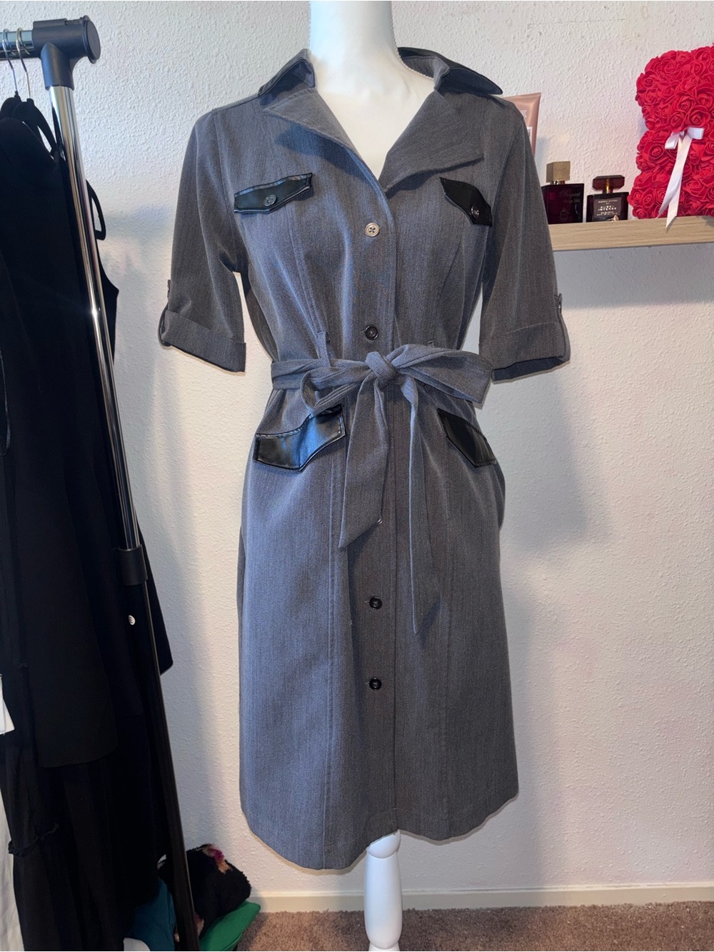 Sharagano Gray Midi Shirt Dress with Belt